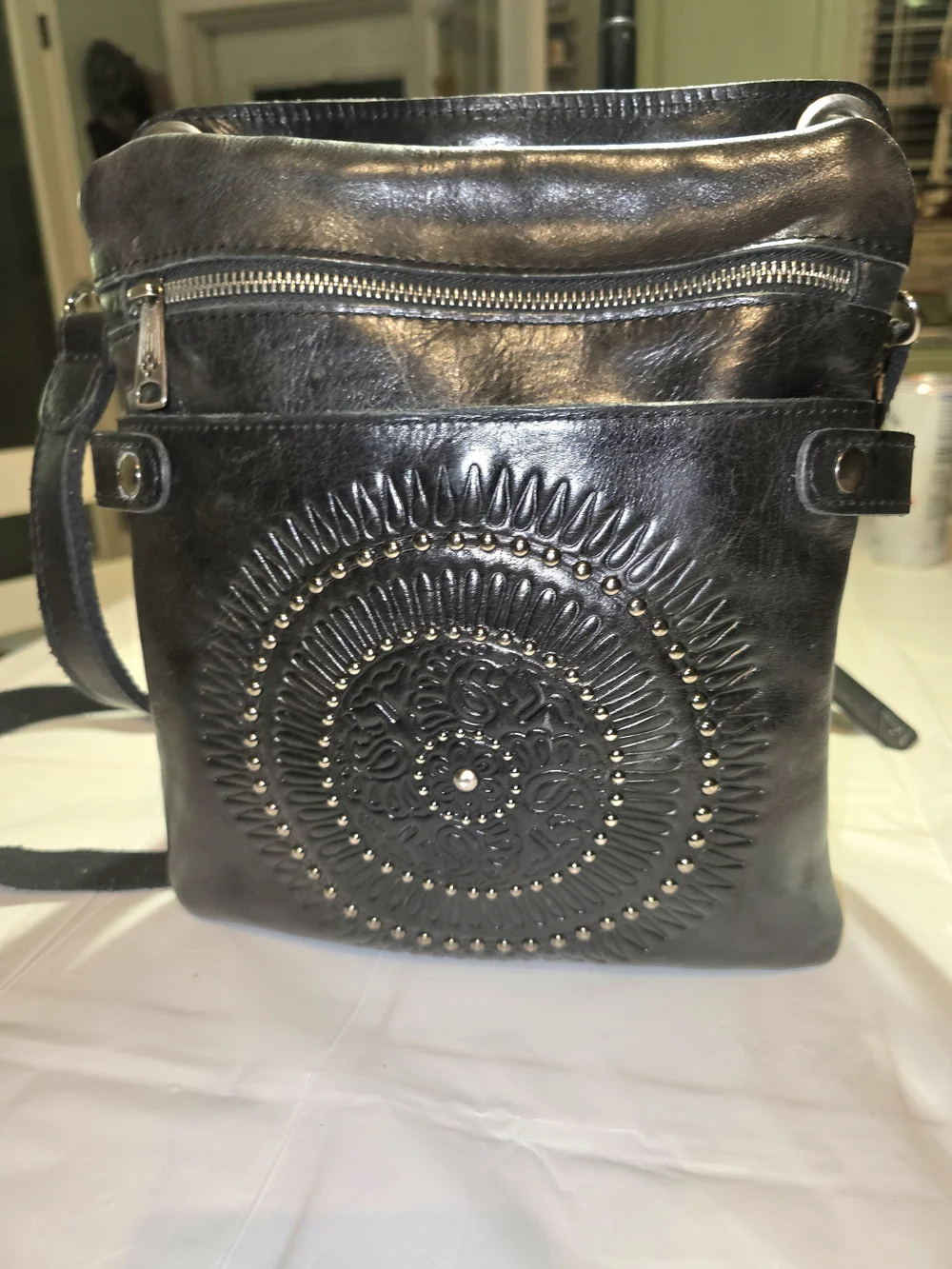 Patricia Nash Black Embossed Leather Crossbody with Studded Medallion - Picture 2 of 6